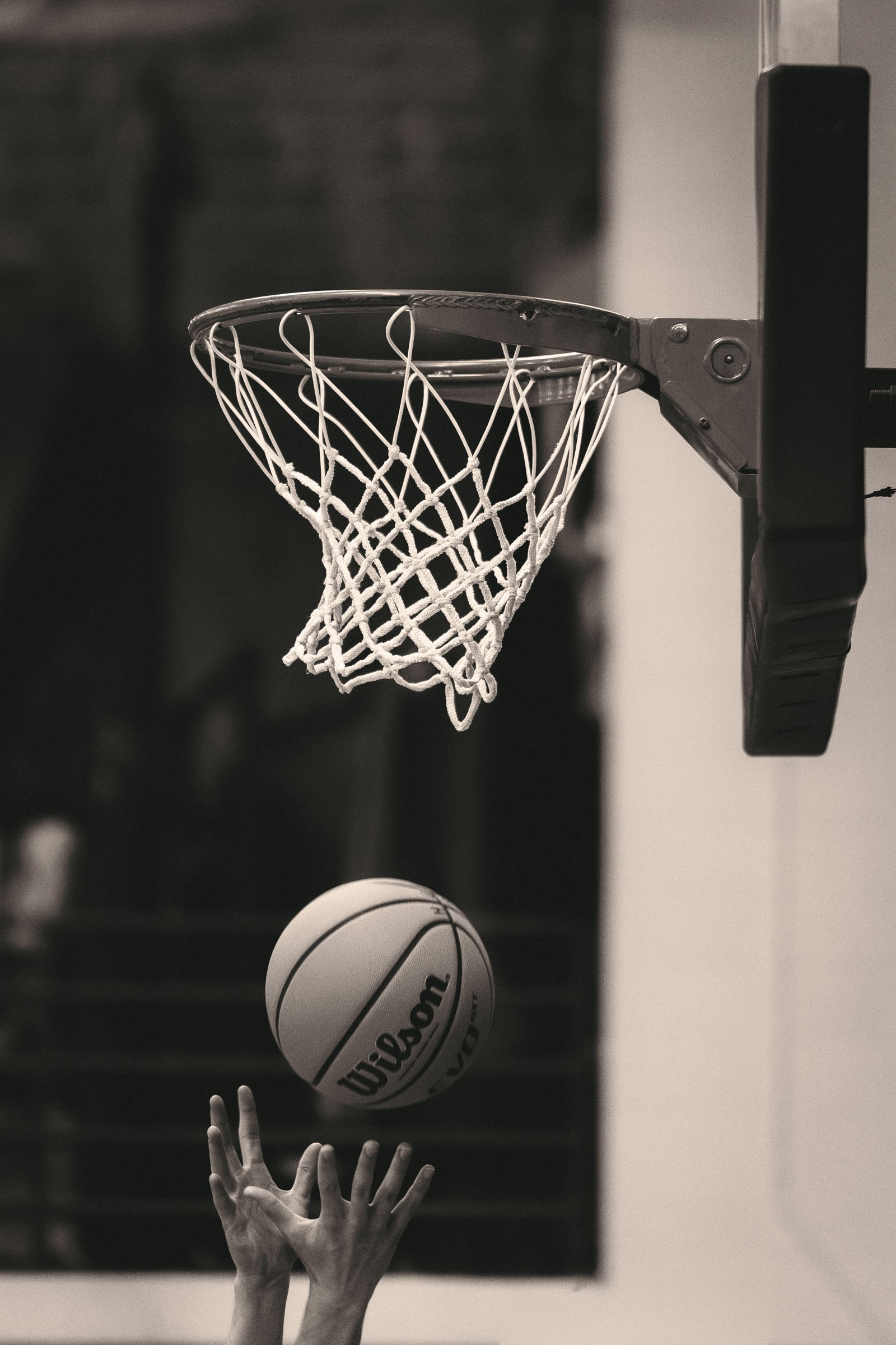 Basketball lay-up in black and white, south Denver