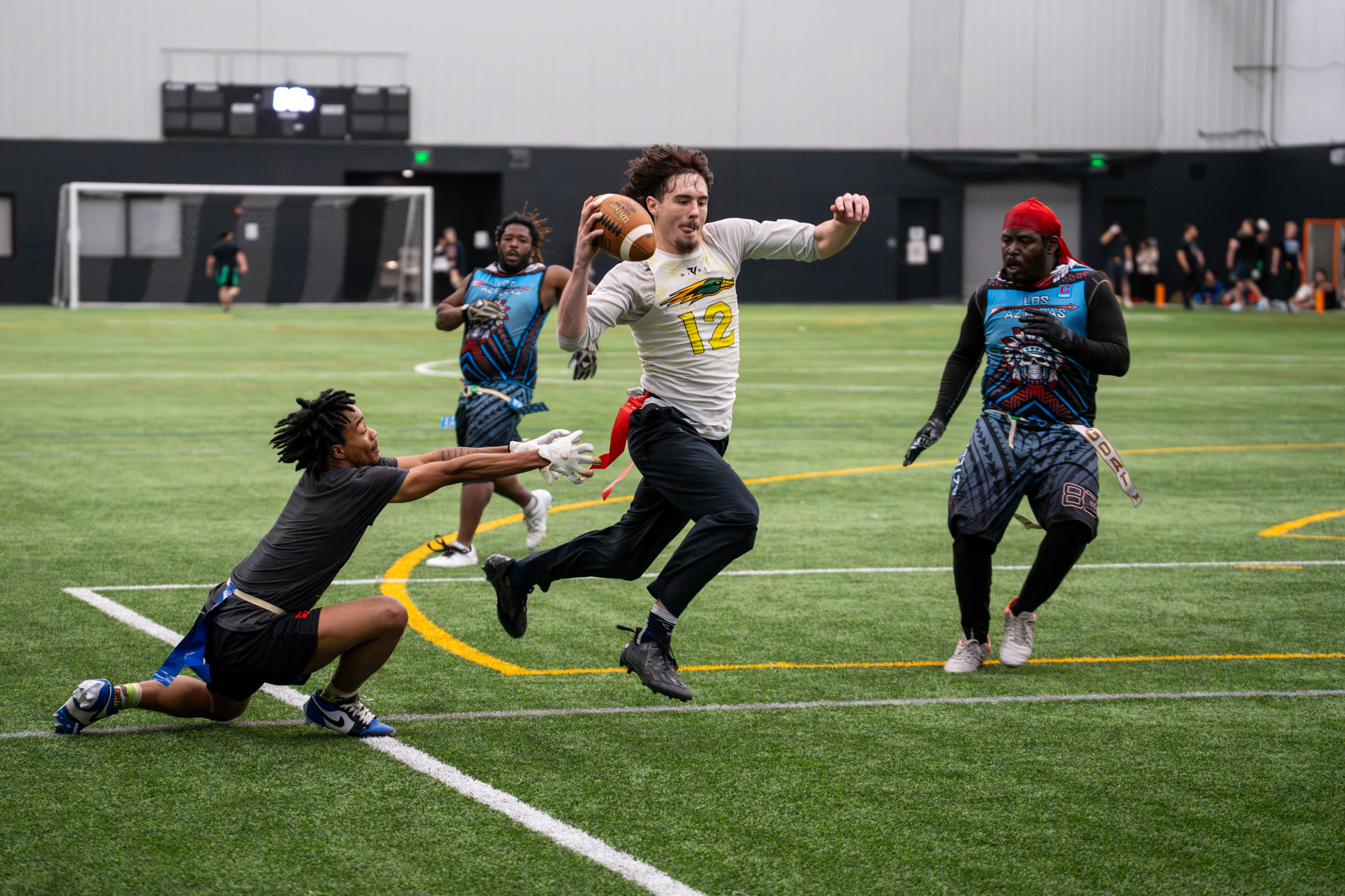 Flag football game action, south Denver
