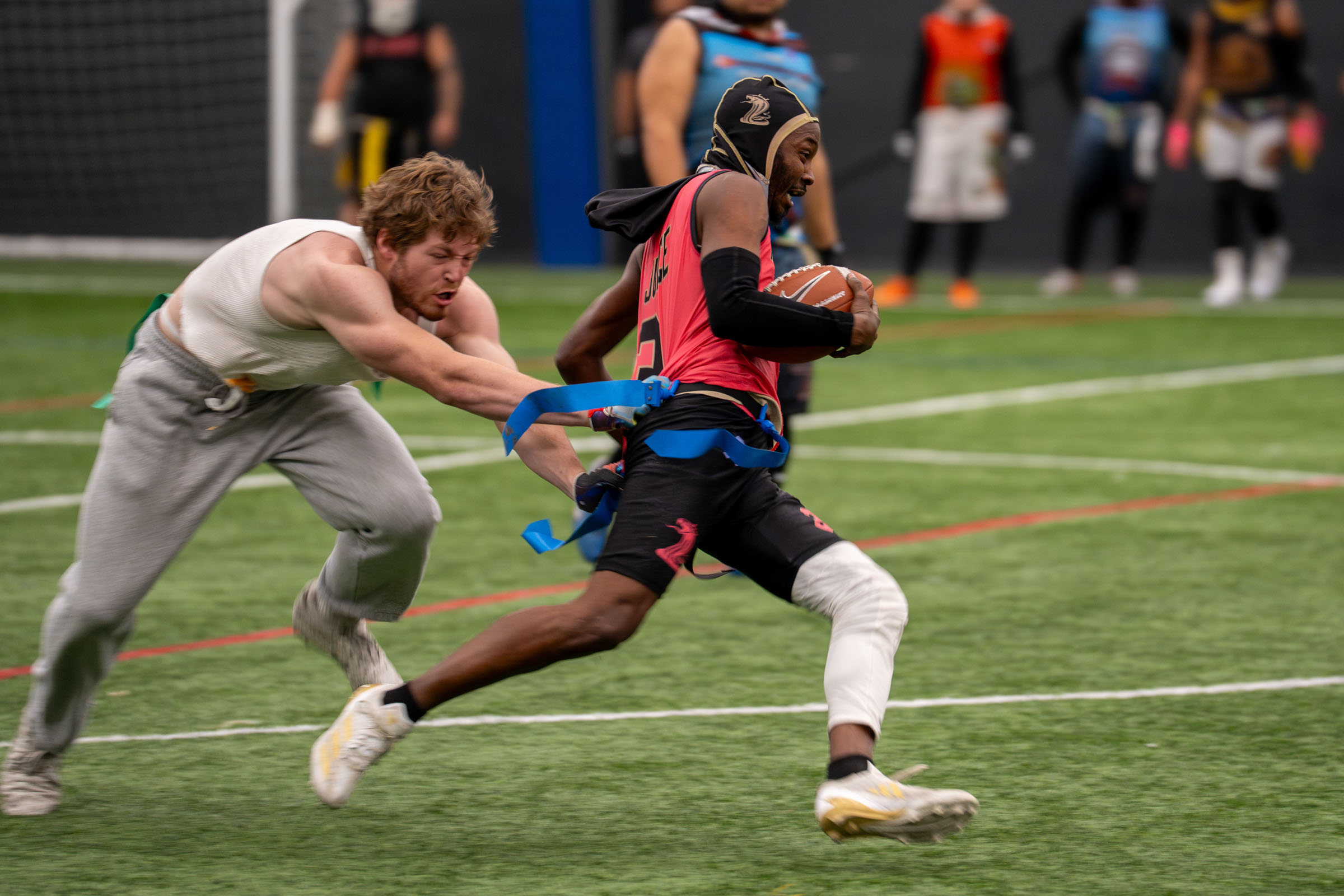 Flag football game action, south Denver