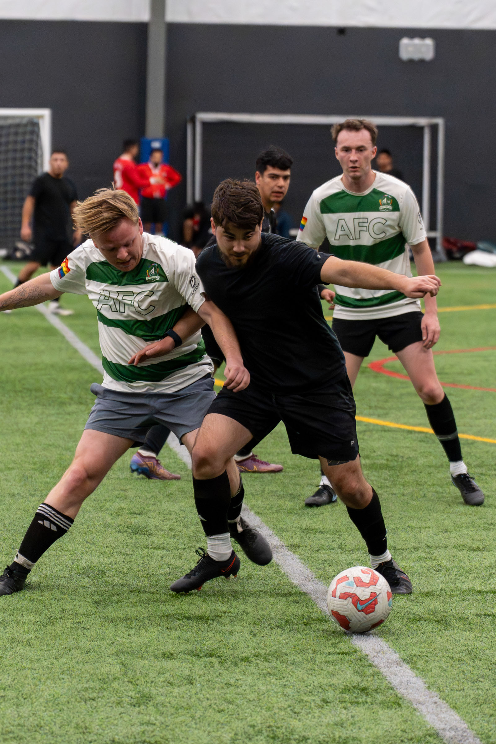 High school soccer game action, south Denver