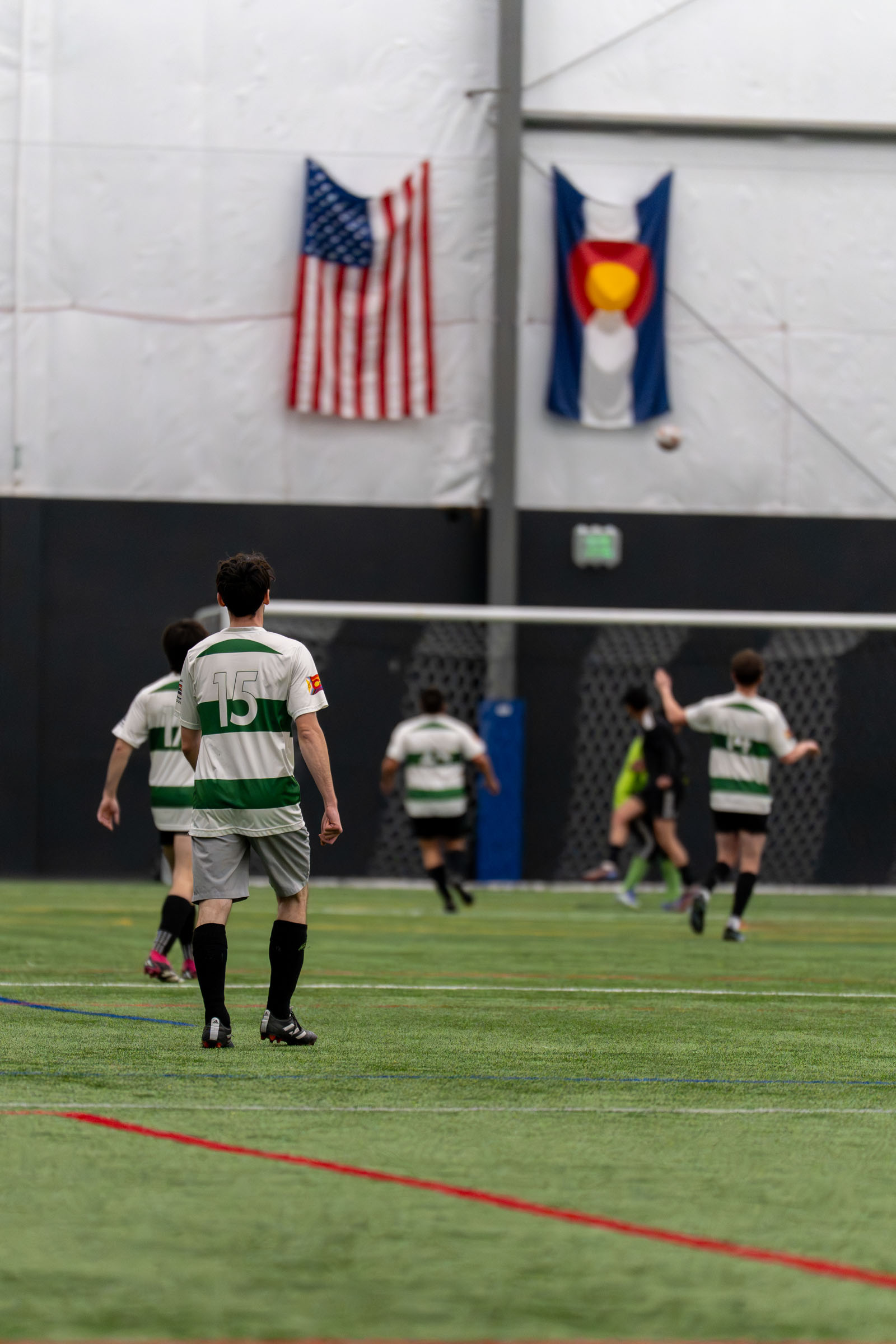 High school soccer game action, south Denver