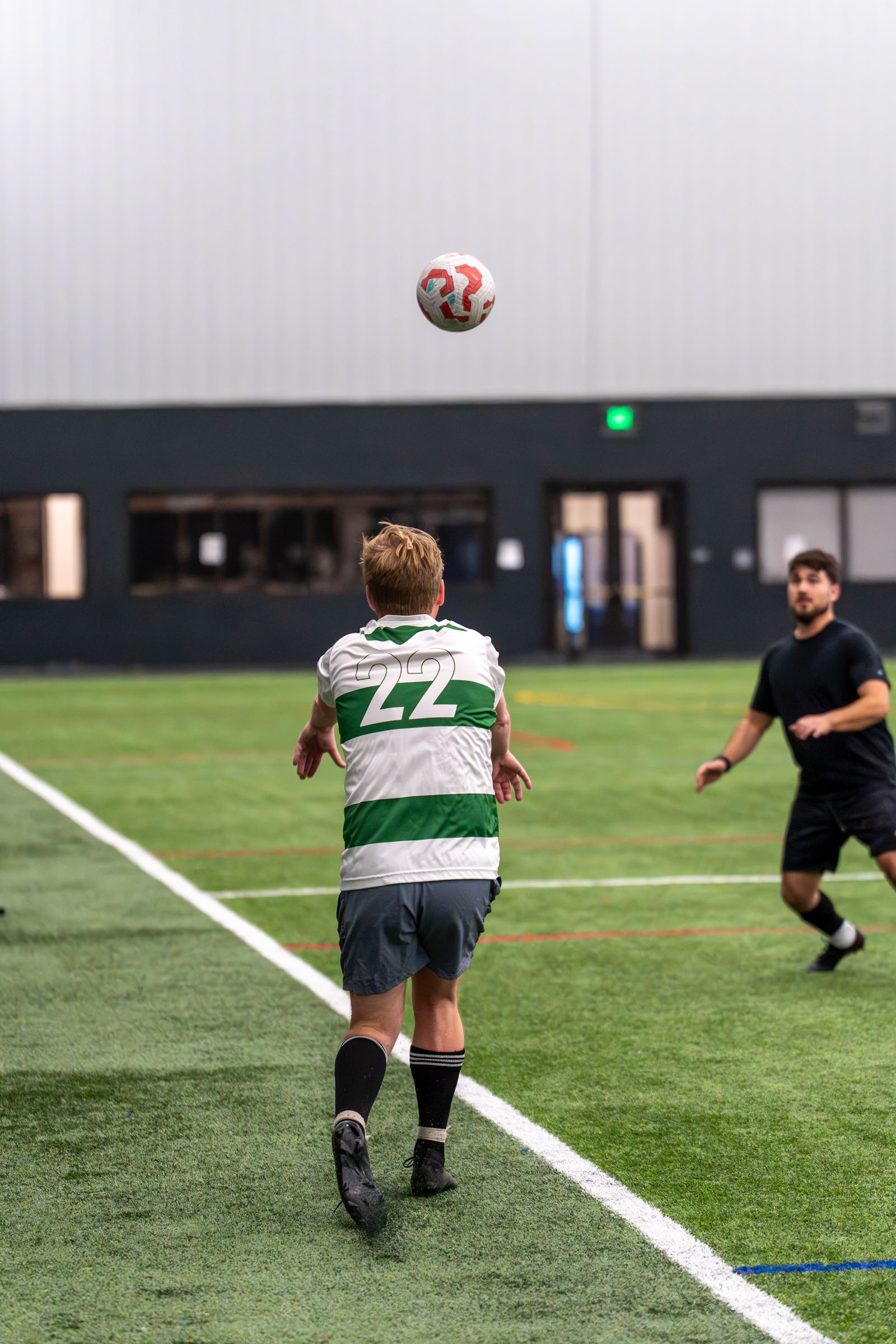 High school soccer game action, south Denver