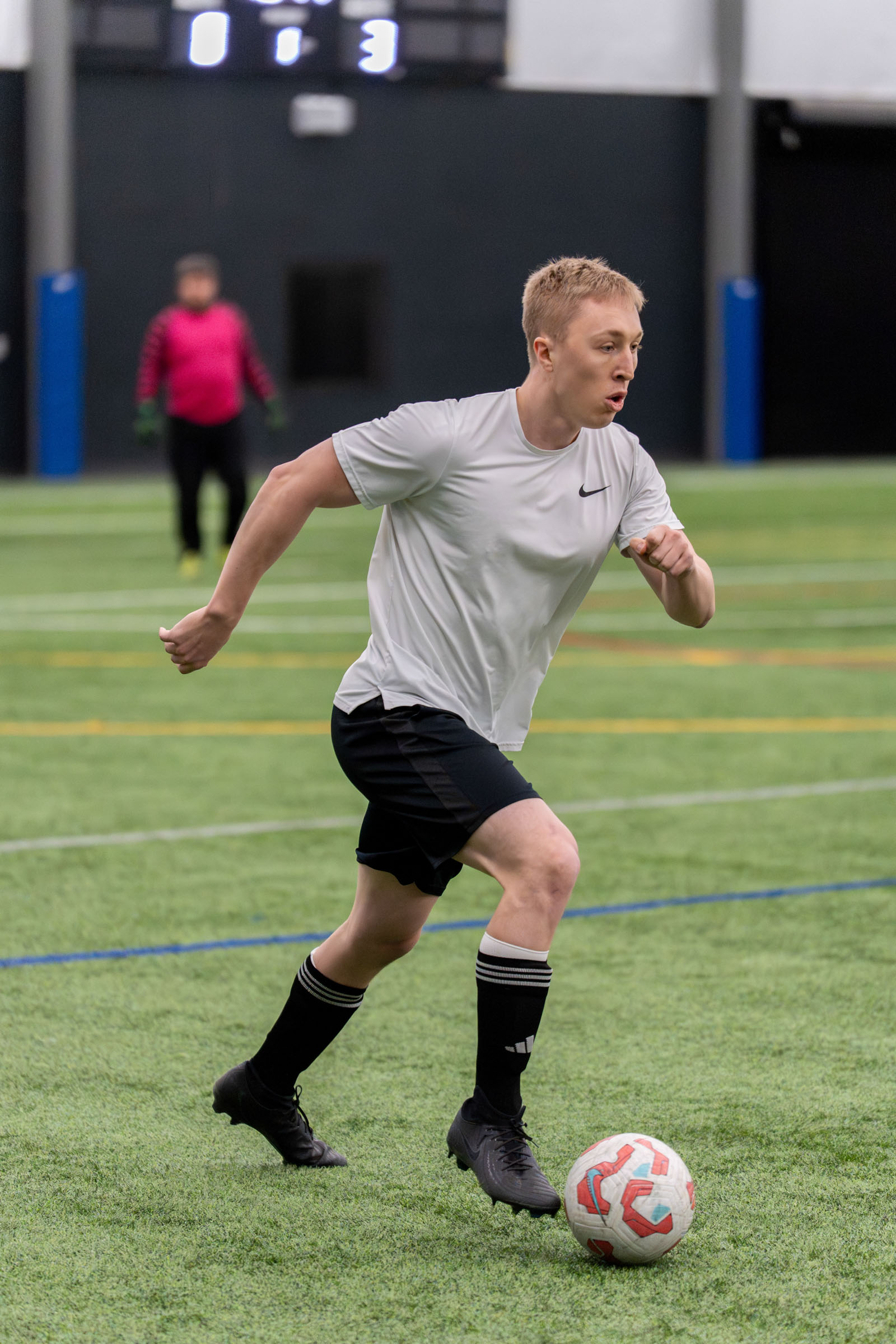 High school soccer game action, south Denver